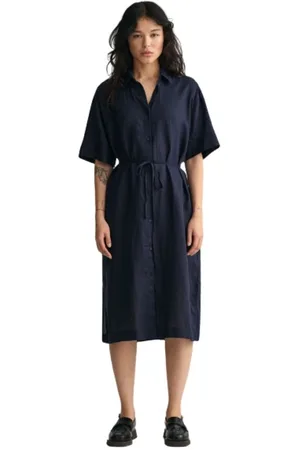 GANT Femme, Robes, Bleu, Taille: 42 FR Robe-chemise courte en lin à manches courtes