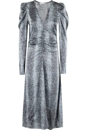 Ganni Femme, Robes, Bleu, Taille: 38 FR Robe Satinée Imprimée à Ruchés