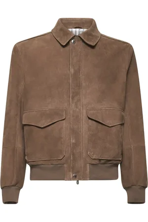 Brunello Cucinelli Homme, Vestes, Brun, Taille: 2XL Manteau en Cuir de Chameau avec Col Chemise