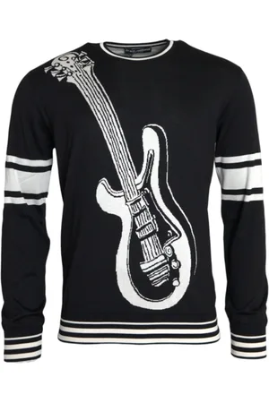 Dolce & Gabbana Homme, Pulls, Noir, Taille: M Pull en soie à imprimé guitare noir et blanc