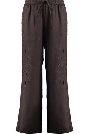 P.A.R.O.S.H. Femme, Pantalons, Brun, Taille: 40 FR Pantalon Large en Lin Brodé de Motifs Floraux