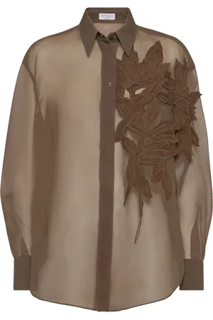 Brunello Cucinelli Femme, Blouses et Chemises, Brun, Taille: 42 FR Chemise en soie avec appliqué floral