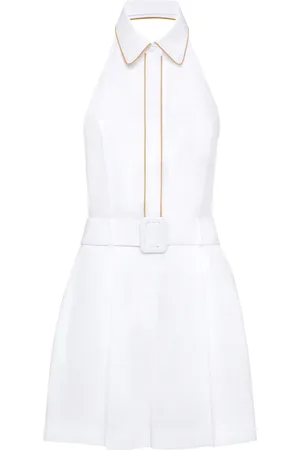 MVP Wardrobe Femme, Robes, Blanc, Taille: 38 FR Robe Mini en Lin Blanc avec Col en V