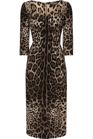 Dolce & Gabbana Femme, Robes, Brun, Taille: 40 FR Robe en Satin de Soie Imprimé Léopard