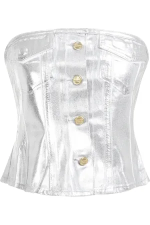 Ganni Femme, Tops, Gris, Taille: 36 FR Top en jean à corsage métallisé