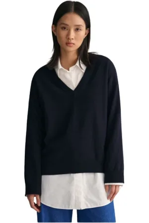 GANT Femme, Pulls, Bleu, Taille: 40 FR Pull en laine mérinos extrafine à col en V