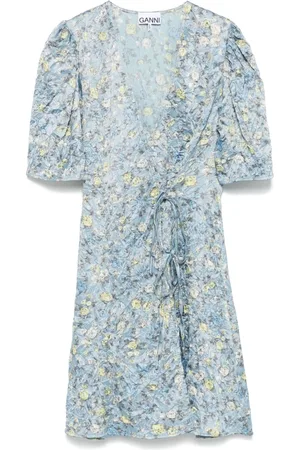 Ganni Femme, Robes, Bleu, Taille: 36 FR Robe Bleue à Encolure en V et Manches Courtes