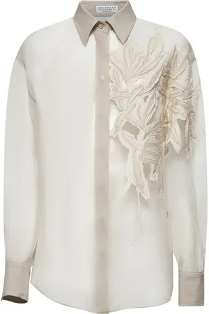 Brunello Cucinelli Femme, Blouses et Chemises, , Taille: 42 FR Chemise en Soie avec Broderie Herbarium