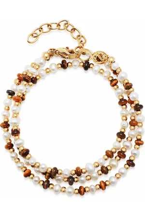 Nialaya Homme, Accessoires, Jaune, Taille: XL Bracelet Enroulé avec Perles Blanches, Œil de Tigre Marron et Or