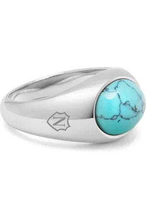 Nialaya Homme, Accessoires, Gris, Taille: 58 MM Chevalière ovale argentée avec pierre turquoise