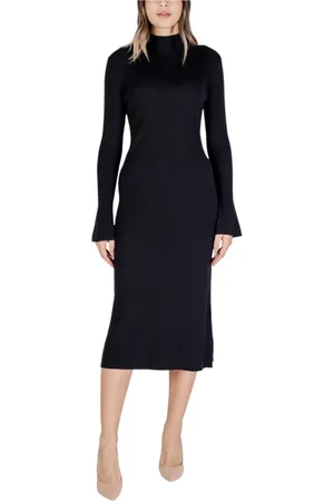 SANDRO FERRONE Femme, Robes, Noir, Taille: 42 FR Robe Midi en Tricot Côtelé Col Haut