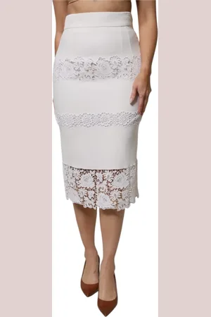 Dolce & Gabbana Femme, Jupes, Blanc, Taille: 38 FR Jupe Crayon en Dentelle Florale Blanche