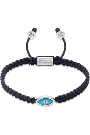 Nialaya Homme, Accessoires, Gris, Taille: XL Bracelet Noir en Corde avec Œil Maléfique Argenté