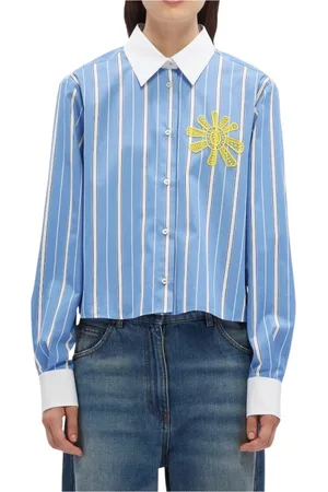 Msgm Femme, Blouses et Chemises, Bleu, Taille: 36 FR Chemise Popeline à Rayures Bleues avec Décoration Soleil Jaune