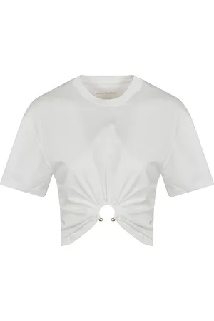 Paco rabanne Femme, Tops, Blanc, Taille: 42 FR T-shirt Beige en Coton Froncé