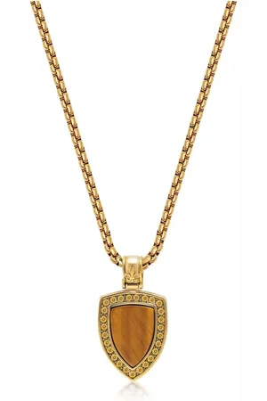Nialaya Homme, Accessoires, Jaune, Taille: 2XL Collier Doré avec Pendentif Bouclier Œil de Tigre Marron