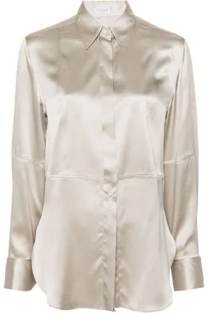 Brunello Cucinelli Femme, Blouses et Chemises, Gris, Taille: 42 FR Chemise en crêpe de Chine de soie