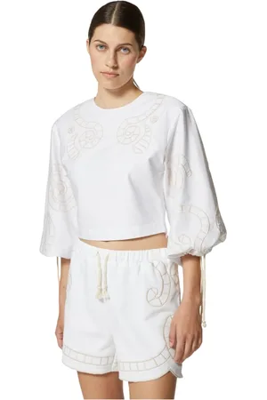 Silvian Heach Femme, Blouses et Chemises, Blanc, Taille: 38 FR Top crop avec broderies et manches bouffantes