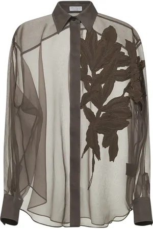 Brunello Cucinelli Femme, Blouses et Chemises, Brun, Taille: 40 FR Chemise en soie marron avec broderie d