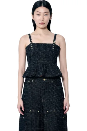 Ganni Femme, Tops, Noir, Taille: 38 FR Haut à Bretelles Péplum en Denim Doux