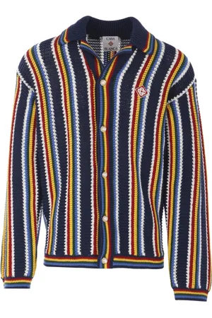 Casablanca Homme, Pulls, Multicolore, Taille: M Cardigan Crochet Rayé Bleu avec Boutons Bijoux