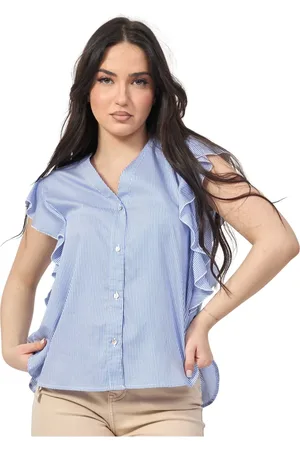 Alessia Santi Femme, Blouses et Chemises, Bleu, Taille: 36 FR Chemisier sans manches bleu avec col en V et volants
