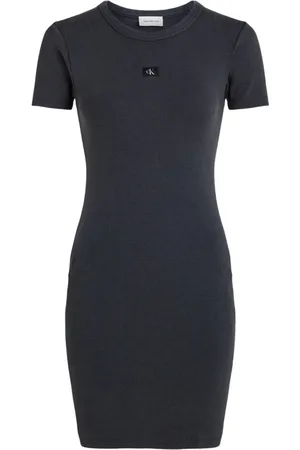 Calvin Klein Femme, Robes, Noir, Taille: 42 FR Robe moulante côtelée avec revers encochés