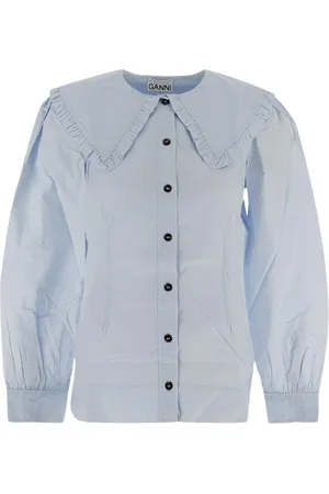 Ganni Femme, Blouses et Chemises, Bleu, Taille: 42 FR Chemise en Coton à Col Puritain