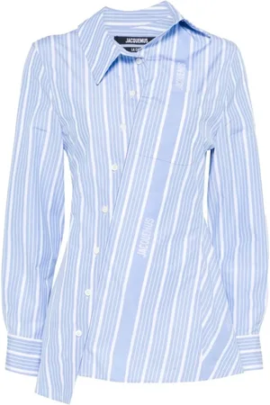 Jacquemus Femme, Blouses et Chemises, Bleu, Taille: 38 FR Chemise en Coton Bleu/Blanc avec Design Asymétrique