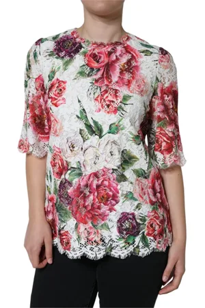 Dolce & Gabbana Femme, Blouses et Chemises, Multicolore, Taille: 38 FR Chemisier Blanc en Dentelle Florale à Manches Courtes
