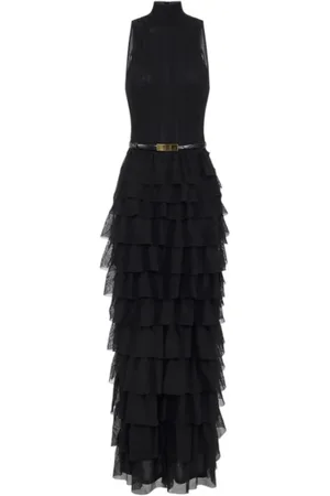 Elisabetta Franchi Femme, Robes, Noir, Taille: 40 FR Robe de Soirée Noire en Tricot Côtelé Volant