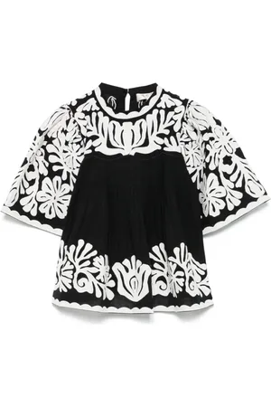 SEA Femme, Tops, Noir, Taille: 38 FR Haut Noir Brodé avec Manches Courtes
