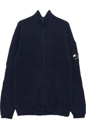 C.P. Company Homme, Pulls, Bleu, Taille: M Cardigan en Laine Côtelée avec Fermeture Éclair Pochette