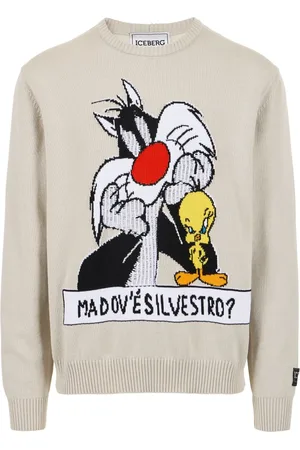 Iceberg Homme, Pulls, , Taille: 2XL Pull en coton col rond de couleur glace avec dessins animés et incrustations jacquard