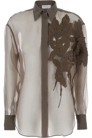 Brunello Cucinelli Femme, Blouses et Chemises, Brun, Taille: 42 FR Chemise en Soie Marron avec Broderie