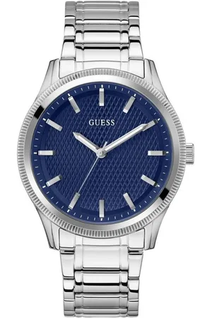 Guess Homme, Accessoires, Gris, Taille: ONE Size Montre Analogique en Acier Inoxydable Gris avec Cadran Bleu