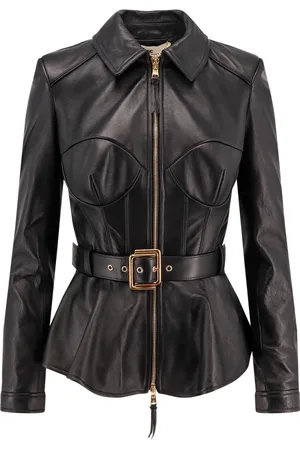 Elisabetta Franchi Femme, Vestes, Noir, Taille: 38 FR Veste en cuir avec ceinture et bonnets