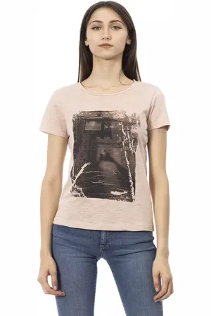 Trussardi Femme, Tops, Rose, Taille: 42 FR T-shirt Rose en Coton à Manches Courtes avec Imprimé sur le Devant