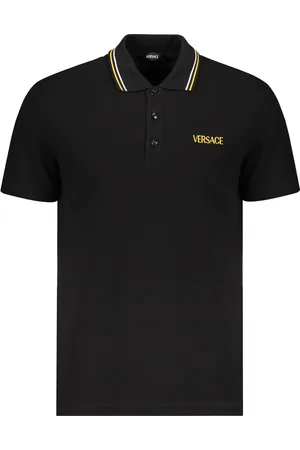 VERSACE Homme, Tops, Noir, Taille: XL Polo en coton brodé avec détail rayé