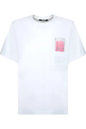 Jacquemus Homme, Tops, Blanc, Taille: XL T-shirt Blanc à Col Rond avec Détails Graphiques