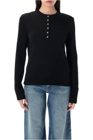 ANINE BING Femme, Pulls, Noir, Taille: 42 FR T-shirt Noir Côtelé avec Boutons Dorés