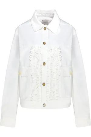 ALYSI Femme, Vestes, Blanc, Taille: 36 FR Veste Blanche à Ruches avec Fermeture à Boutons