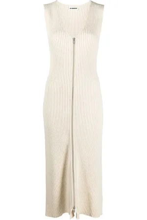 Jil Sander Femme, Robes, , Taille: 38 FR Robe midi en maille côtelée à col en V