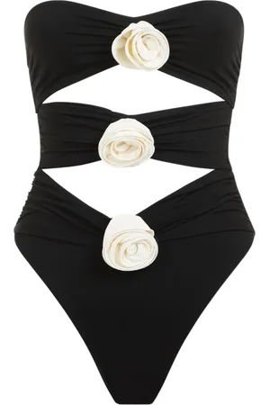 LA REVECHE Femme, Maillots de bain, Noir, Taille: 42 FR Maillot de Bain Noir sans Bretelles avec Ornements Floraux