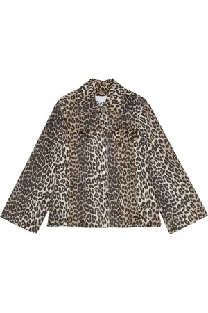 Ganni Femme, Vestes, Brun, Taille: 38 FR Veste en Denim Imprimé Léopard