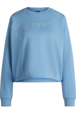 HUGO BOSS Femme, Sweatshirts et sweats à capuche, Bleu, Taille: 40 FR Sweat en Coton Doux avec Bords Bruts
