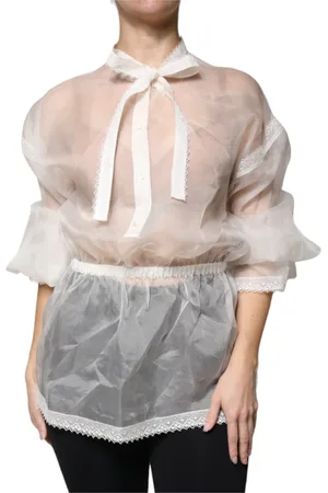 Dolce & Gabbana Femme, Blouses et Chemises, Blanc, Taille: 38 FR Chemisier Blanc à Col Ascot et Manches Longues