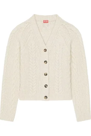 Kenzo Femme, Pulls, Blanc, Taille: 36 FR Cardigan en Laine avec Motif Logo