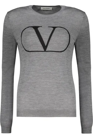VALENTINO GARAVANI Femme, Pulls, Gris, Taille: 38 FR Pull Ras du Cou Côtelé avec Logo Avant