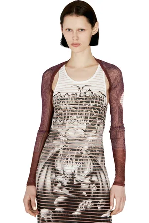 Jean Paul Gaultier Femme, Tops, Brun, Taille: 38 FR Châle à Manches Longues en Maille avec Imprimé Cartouche